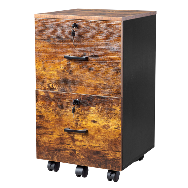 2-Drawer Rolling Wood File Cabinet with Lock, Brown & Black