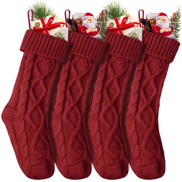 4 Pack Personalized Christmas Stockings 18 Inches Large Size Cable Knitted Stocking Gifts & Decorations for Family Holiday Xmas Party, Burgundy，on fireplace mantel, stairs, Christmas tree, windows（No 