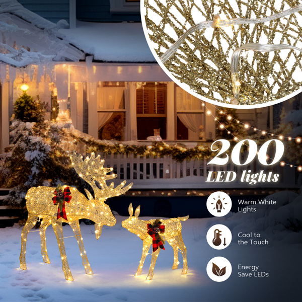 2pcs 4ft 30V 3.6W Moose Family 200LED Leather String Light Garden Moose Decoration Golden