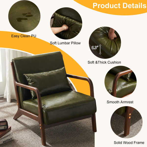 80*65*73cm Single Seat B Style Backrest Without Buckle With Pillow PU Walnut Oak Armrests Indoor Leisure Chair Dark Green