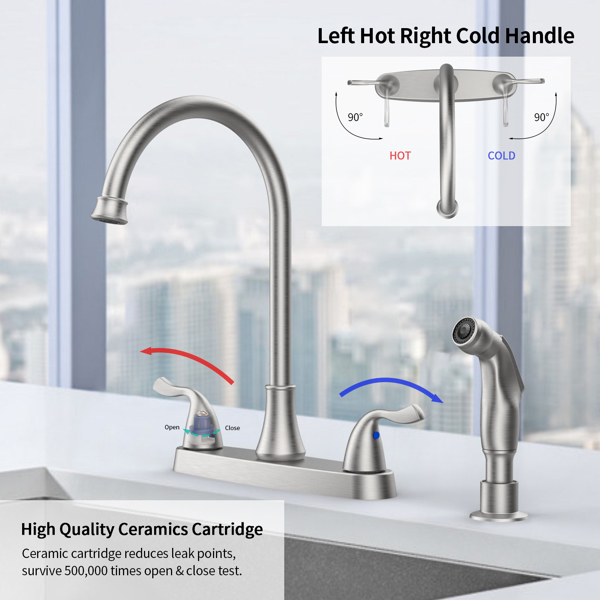 Two-Handle Kitchen Faucet with Pull-Out Side Sprayer, 360 Swivel 304 Stainless steel, 4-hole 8 inch installation, Brushed Nickel
[Unable to ship on weekends, please place orders with caution]