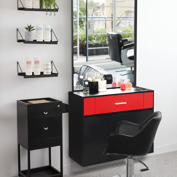 15% E0 chipboard linen top 1 drawer 1 door with mirror Salon cabinet black and red