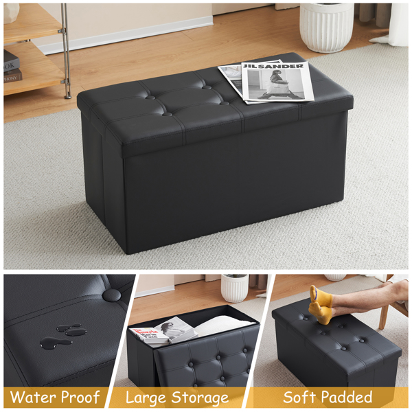 FCH 76*38*38cm Glossy Pull Point PVC MDF Foldable Storage Footstool Black