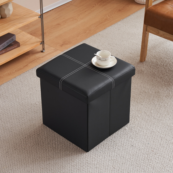 FCH 38*38*38cm Glossy With LinesPVC MDF Foldable Storage Footstool Black