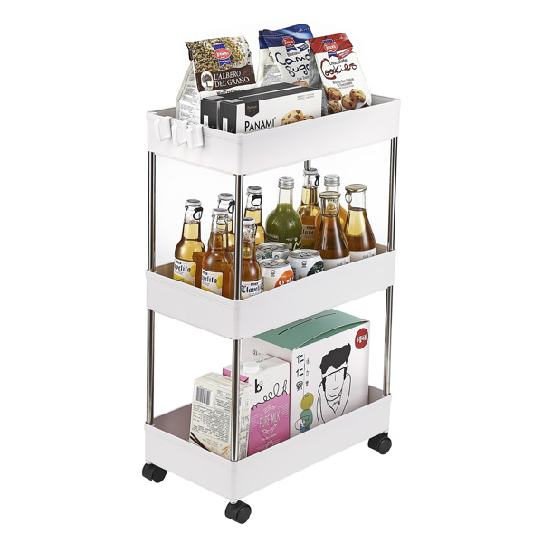 3-Layer Mobile Multi-functional Storage Cart,Suitable for Kitchen, Bathroom, Laundry Room Narrow Place, Plastic and Stainless Steel, White