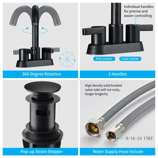 Bathroom Faucet 2 Handle Centerset Bathroom Sink Faucet with Pop Up Drain Assembly, 4 Inches Bathroom Vanity Lavatory Faucet 3 Holes Matte Black[Unable to ship on weekends, please place orders with ca