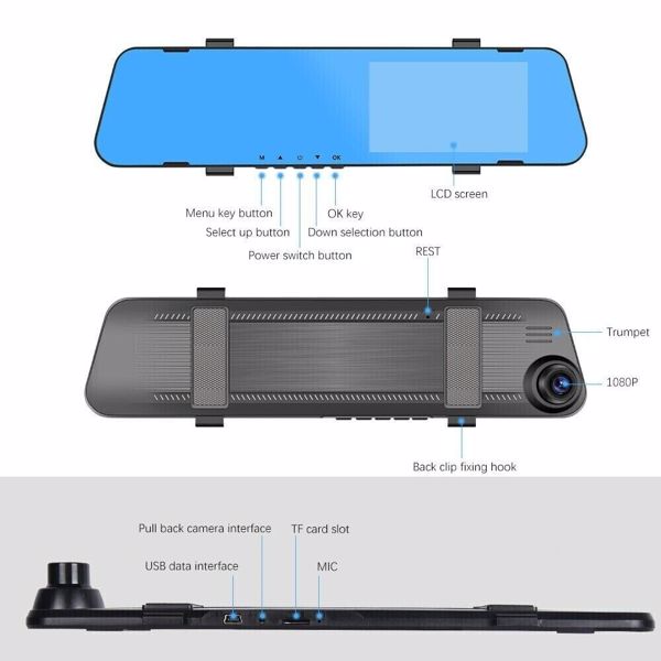 1080P Rearview Mirror Car DVR Dual Dash Cam Camera Front Rear HD Video Recorder