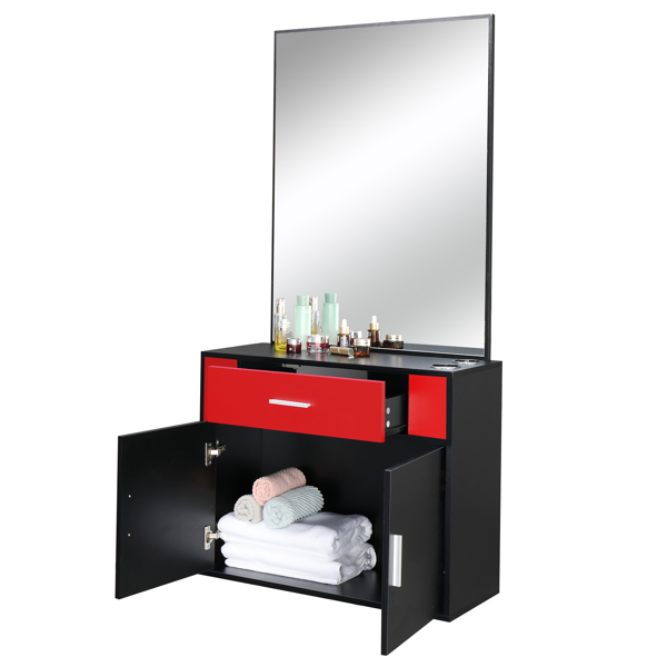 15% E0 chipboard linen top 1 drawer 1 door with mirror Salon cabinet black and red