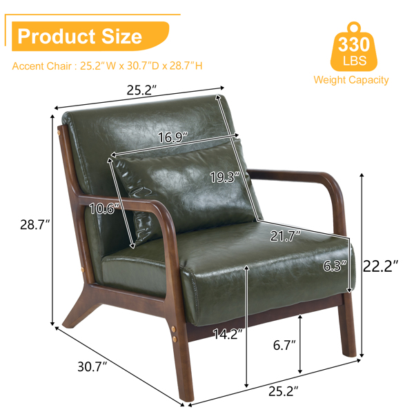 80*65*73cm Single Seat B Style Backrest Without Buckle With Pillow PU Walnut Oak Armrests Indoor Leisure Chair Dark Green