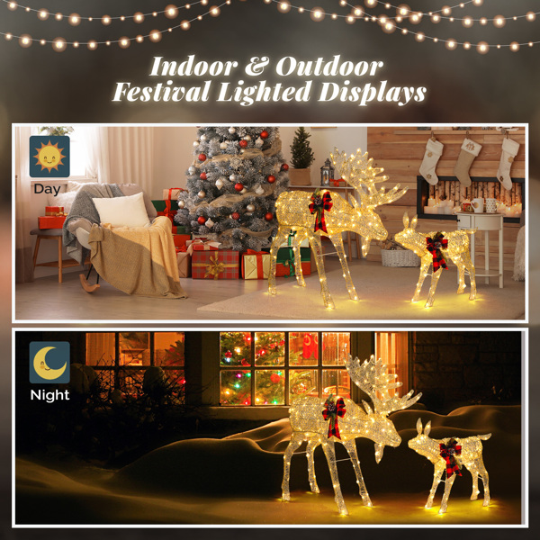 2pcs 4ft 30V 3.6W Moose Family 200LED Leather String Light Garden Moose Decoration Golden