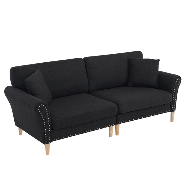 FCH 214*83*86cm American Style With Copper Nails Burlap Solid Wood Legs Indoor Double Sofa Black