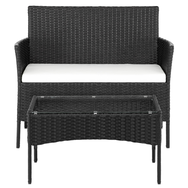 2pcs Arm Chairs 1pc Love Seat & Tempered Glass Coffee Table Rattan Sofa Set Black