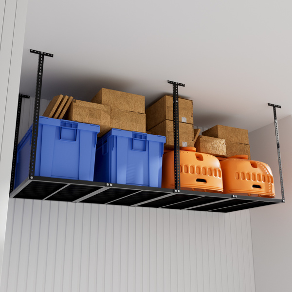 3x8 Overhead Garage Storage Rack, Heavy Duty Adjustable Ceiling Mounted Storage Racks, 750LBS Weight Capacity, Black