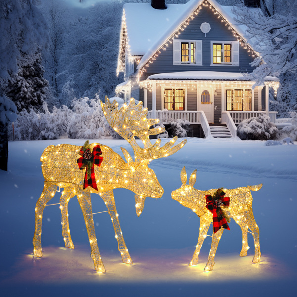 2pcs 4ft 30V 3.6W Moose Family 200LED Leather String Light Garden Moose Decoration Golden