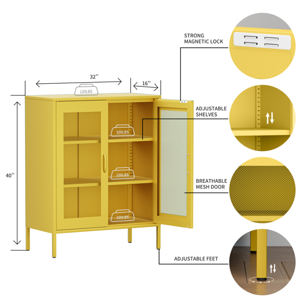 Metal Storage Cabinet with Mesh Doors, Steel Display Cabinets with Adjustable Shelves for Bathroom Home Office yellow