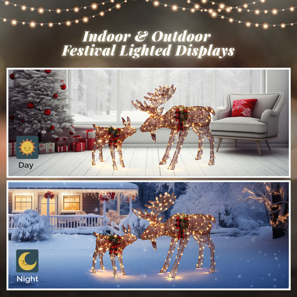 2pcs 4ft 30V 3.6W Moose Family 200LED Leather String Light Garden Moose Decoration Brown