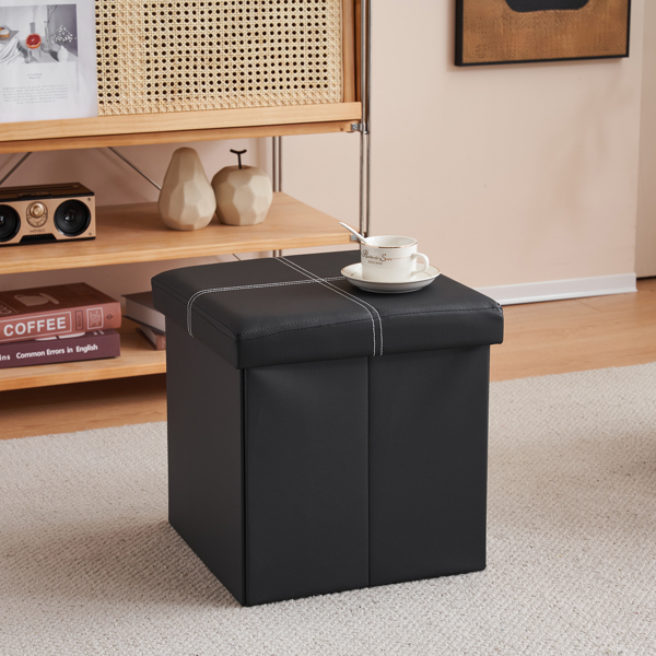 FCH 38*38*38cm Glossy With LinesPVC MDF Foldable Storage Footstool Black