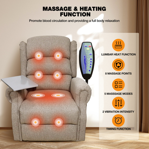 Dual Motor Riser Recliner Lift Chair, Lift & Tilt Massage Chair in Soft Brown With Reading Table and Lumbar Support + USB Charging, Armchair with Heat for the Elderly