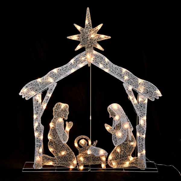 Outdoor Nativity Set,Mini White Led Lights And Ground Stakes Crystal Holy Family Nativity Outdoor Nativit  Set For Yard（No shipping on weekends.）