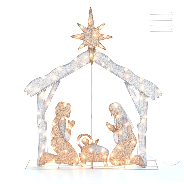 Outdoor Nativity Set,Mini White Led Lights And Ground Stakes Crystal Holy Family Nativity Outdoor Nativit  Set For Yard（No shipping on weekends.）