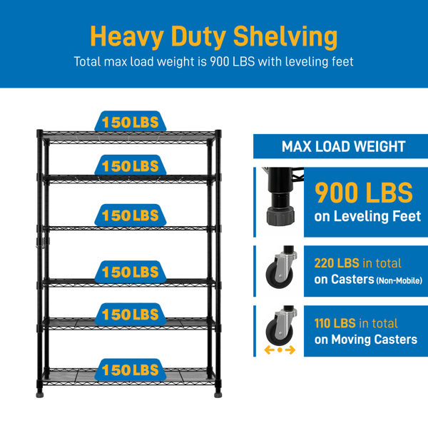 6-Tier disassembly and free assembly NSF-Certified Steel Wire Shelving with Wheels