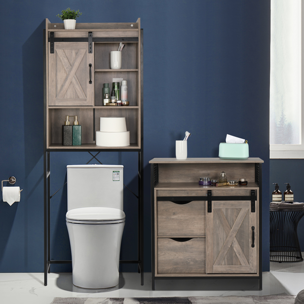 FCH Retro Style MDF With Triamine Iron Frame Sliding Door Two-Drawing Two-Layer Rack Bathroom Cabinet