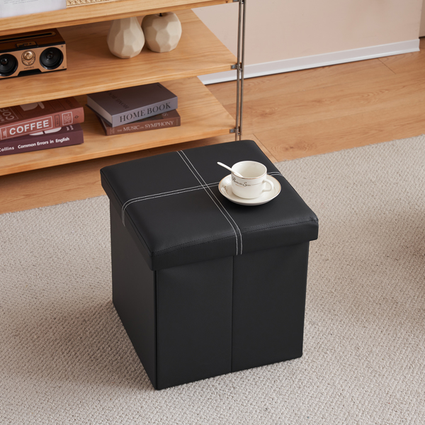 FCH 38*38*38cm Glossy With LinesPVC MDF Foldable Storage Footstool Black