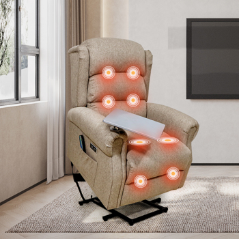 Dual Motor Riser Recliner Lift Chair, Lift & Tilt Massage Chair in Soft Brown With Reading Table and Lumbar Support + USB Charging, Armchair with Heat for the Elderly