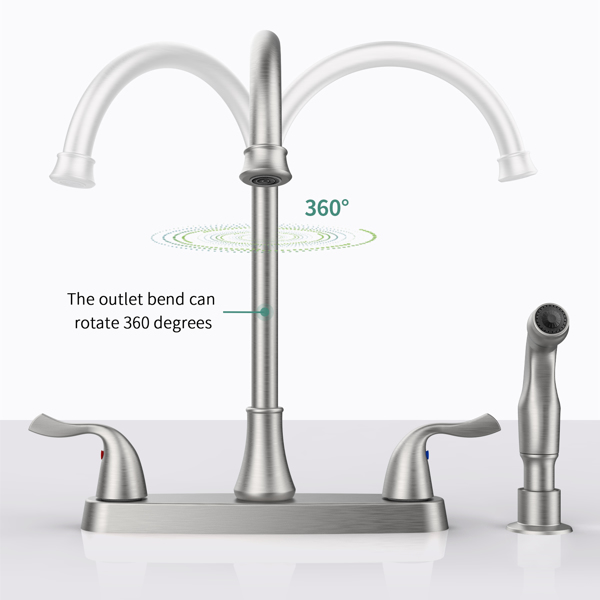 Two-Handle Kitchen Faucet with Pull-Out Side Sprayer, 360 Swivel 304 Stainless steel, 4-hole 8 inch installation, Brushed Nickel
[Unable to ship on weekends, please place orders with caution]