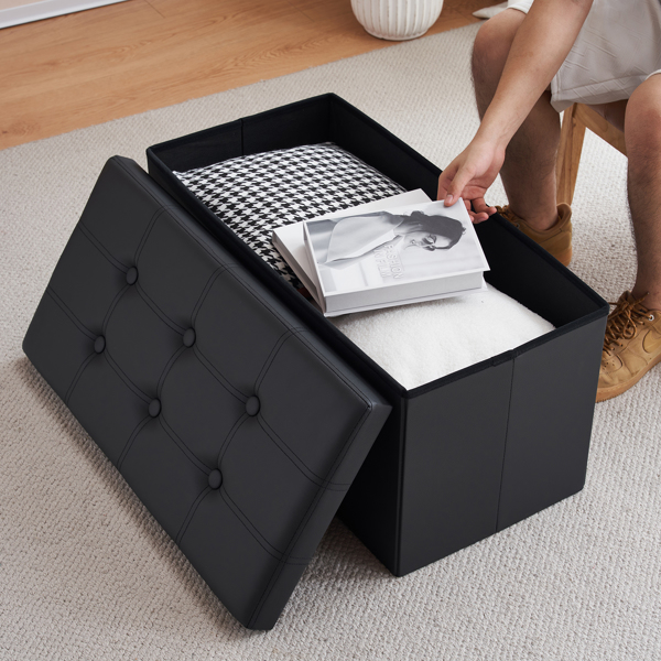 FCH 76*38*38cm Glossy Pull Point PVC MDF Foldable Storage Footstool Black