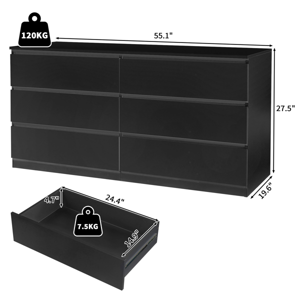 FCH 6 Drawer Double Dresser for Bedroom, Wide Storage Cabinet for Living Room Home Entryway, Black