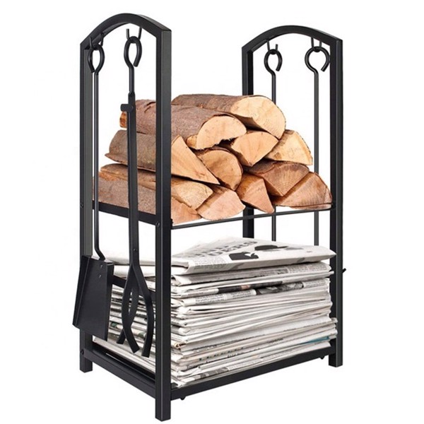 17.8L x11.8W x 29.3H in Wrought Iron Steel Frame Firewood Storage Holder with 4 Tools, Black