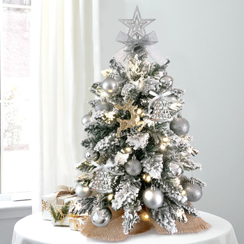 22in Mini Christmas Tree with Light Artificial Small Tabletop Christmas Decoration with Flocked Snow, Exquisite Decor & Xmas Ornaments for Table Top for Home & Office, Silver