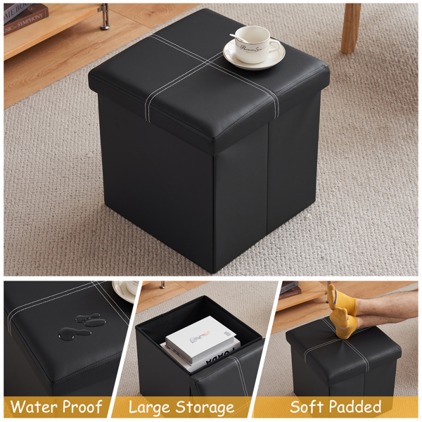 FCH 38*38*38cm Glossy With LinesPVC MDF Foldable Storage Footstool Black