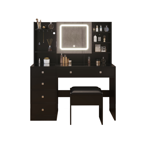 FCH Pitted Particleboard With Triamine Coating, Tempered Glass Table Top, 5 Drawers, With Shelves, With Hooks, With Mirror Cabinet, With Strips, With Led Three-Tone Dimming Mirror, Dressing Table Set,
