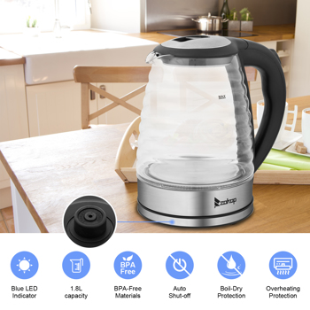 HD-1858L 1.8L  220V 2000W Electric Kettle Stainless Steel High Quality Borosilicate Glass Blue Light