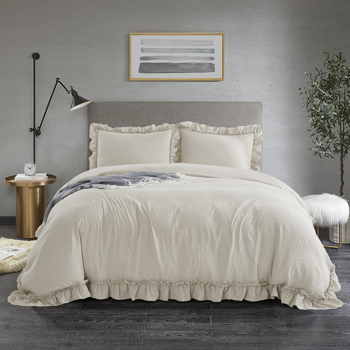 3-Piece Pre-washed Duvet Cover Set with Rustic Ruffle