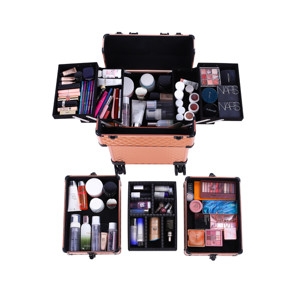 4-in-1 Draw-bar Style Interchangeable Aluminum Rolling Makeup Case-Rose Gold