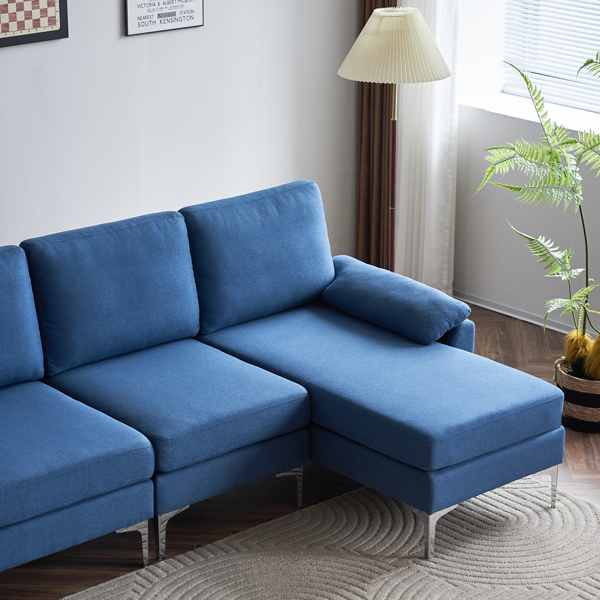 280 *140 *86cm L-Shaped Glossy With Iron Legs 4-Seater Indoor Modular Sofa Blue