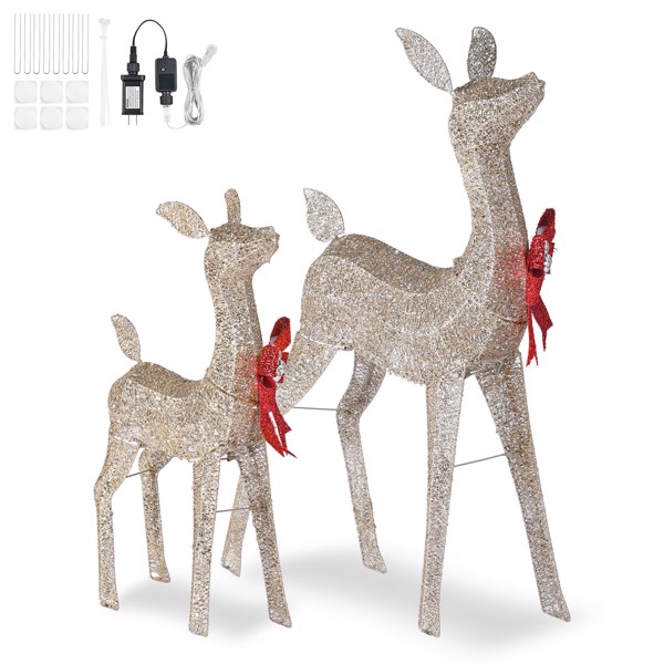 2-Piece Lighted Christmas Deer Family,  Outdoor Yard Decoration Set with 160 LEDs Warm White Light,Outdoor Patio Decor Holiday（No shipping on weekends.）