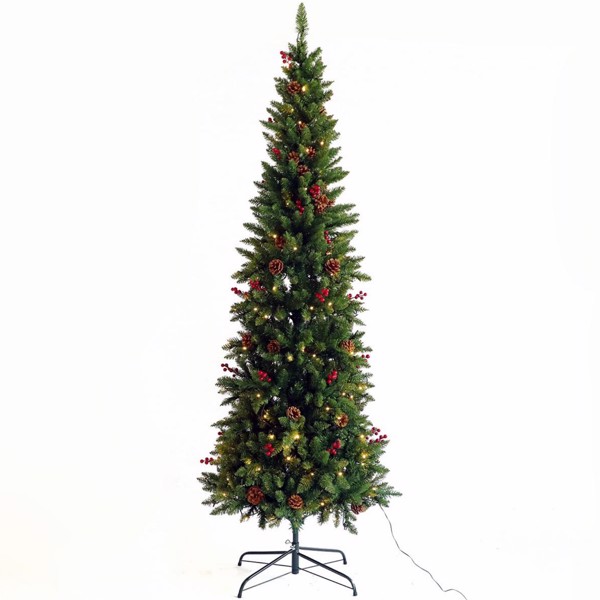 7.5ft Pre-Lit Artificial Christmas Tree with 1000 tips, 300 Lights, Pine Cones, Red Berriers, Metal Hinges & Base for Home, Office, Party, Holiday Decoration（No shipping on weekends.）