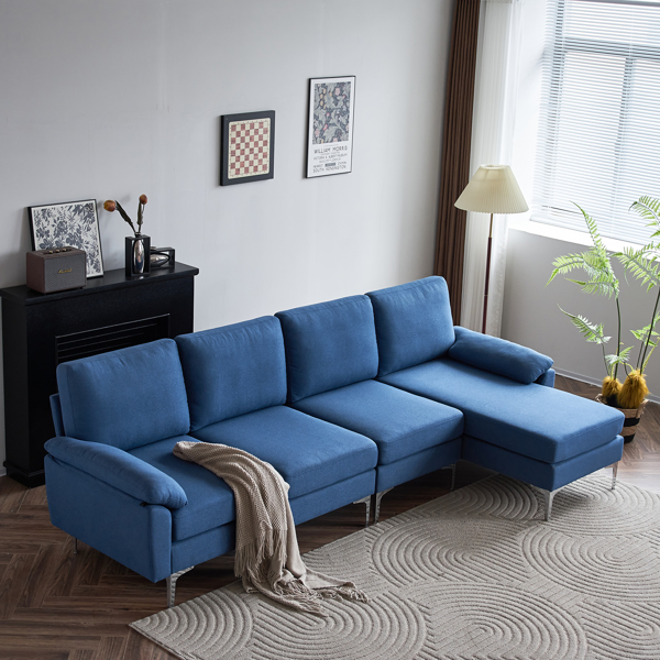  280 *140 *86cm L-Shaped Glossy With Iron Legs 4-Seater Indoor Modular Sofa Blue