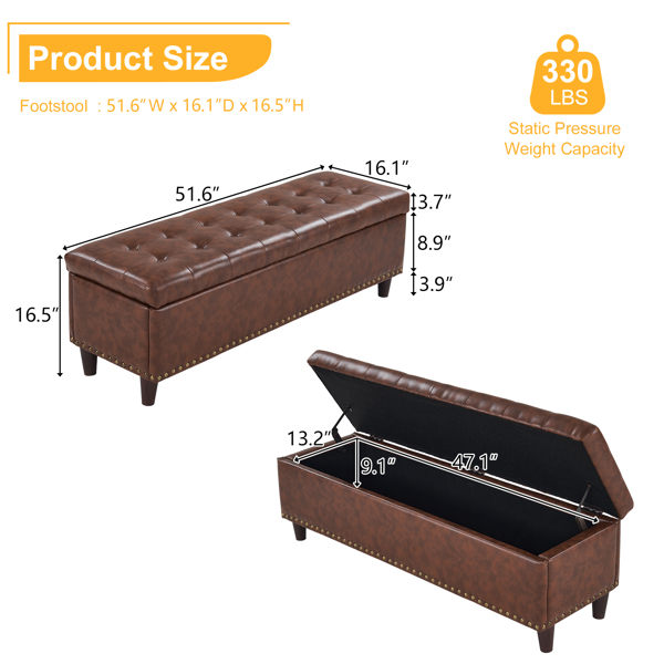 51 Inches 131*41*42cm Hot Stamping Cloth With Storage Copper Nails Bedside Stool Footstool Orange