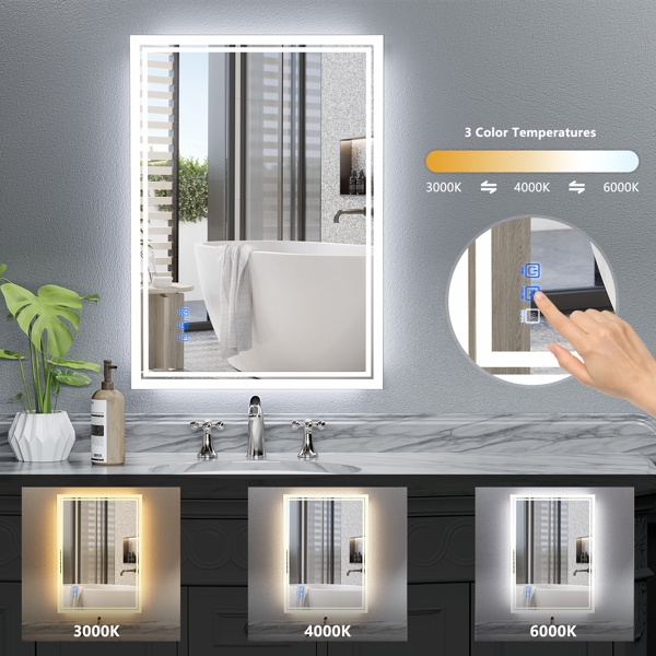 24 x 36 LED Backlit Mirror Bathroom Vanity with Lights,3 Colors LED Mirror for Bathroom，Anti-Fog,Dimmable,CRI90+,Touch Button,Water Proof,Horizontal/Vertical,Lighted Wall Mounted[Unable to ship on wee