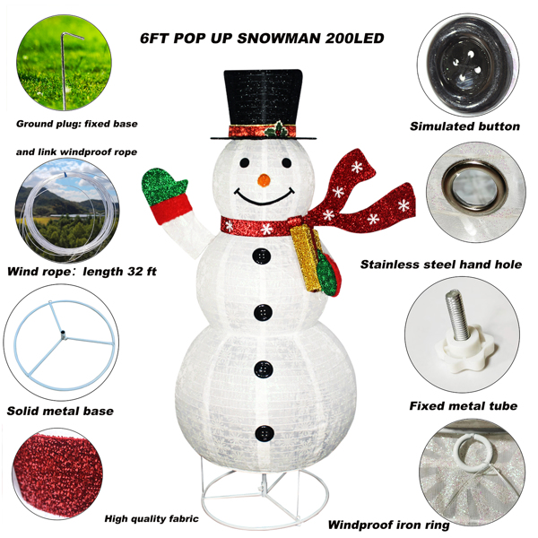 6ft 200 Lights 10% Flash Bubble 30v 3.6w Hand Holding Gift Box Retractable Snowman Garden Snowman Decoration 