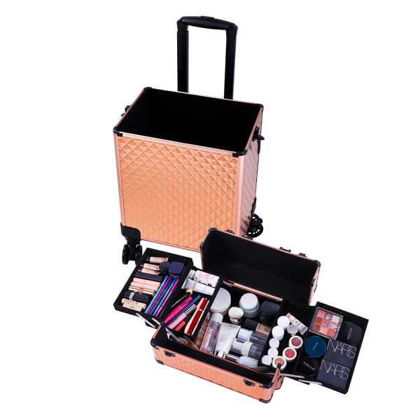 4-in-1 Draw-bar Style Interchangeable Aluminum Rolling Makeup Case-Rose Gold
