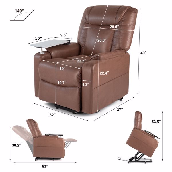Brown Oversized Leather Auto Electric Power Lift Massage Recliner Chair Tray+RC