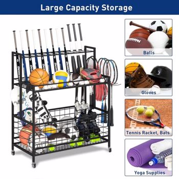 Sports Equipment Organizer for Indoor Outdoor, Larger Ball Storage Rack with Baskets and Hooks, 24 PCS Baseball Bats Gear Storage