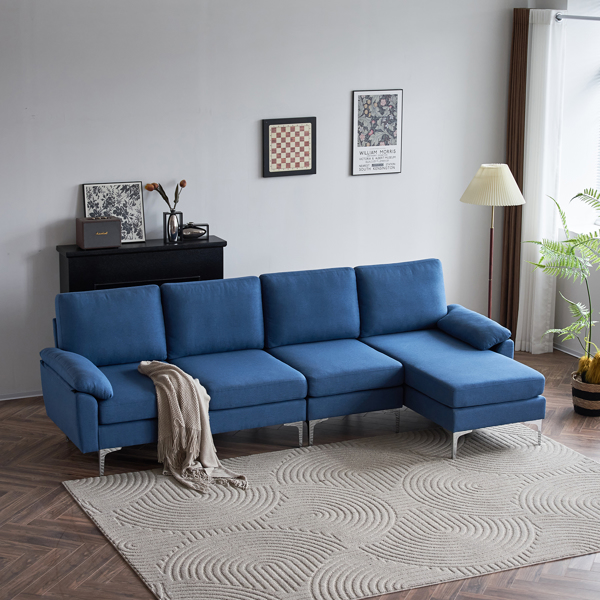 280 *140 *86cm L-Shaped Glossy With Iron Legs 4-Seater Indoor Modular Sofa Blue