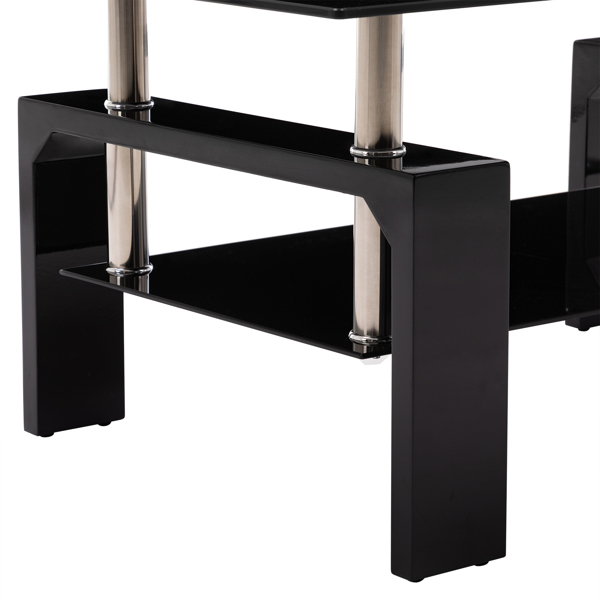 Black Modern Side Highlight Glass Top Coffee Table w/Shelf Living Room Rectangle